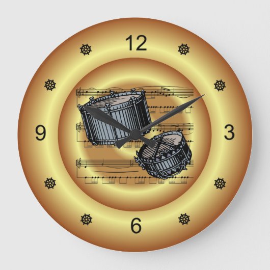太鼓を鳴らす~シート音楽~金ゴールド背景~ ラージ壁時計 (正面)