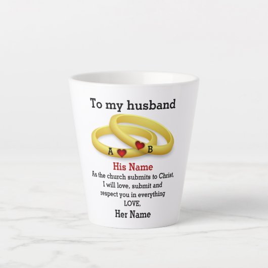 夫に彼のカップルのリング結婚・モノグラムを渡す カフェラテマグ (正面)