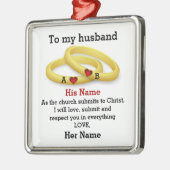 夫に彼のカップルのリング結婚・モノグラムを渡す メタルオーナメント (左)