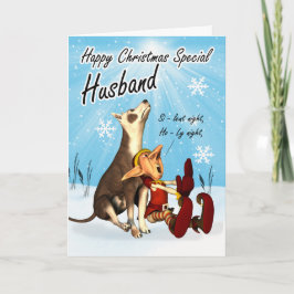 夫のクリスマスカードかわいい、歌う犬と小妖精や小人 シーズンカード
