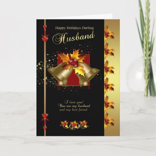 夫のクリスマスカード – ホリーとベル – ブラックA シーズンカード (正面)