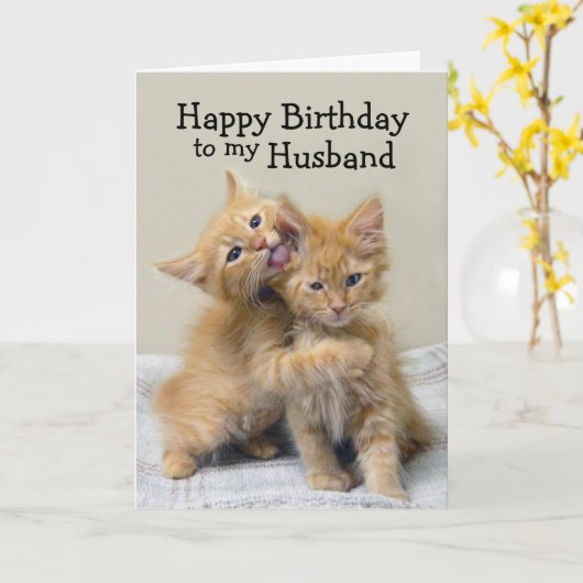 夫のハッピーバースデーのオレンジの子ネコ カード (黄色い花)