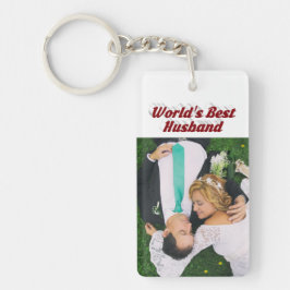 夫の写真（バーガンディ色のテキスト付き） キーホルダー