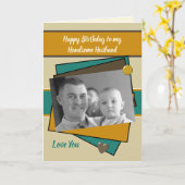 夫の茶色の緑のオレンジ色の誕生日写真のグリーティング カード (黄色い花)