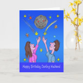 夫の誕生日のカップルの月と星 カード (黄色い花)