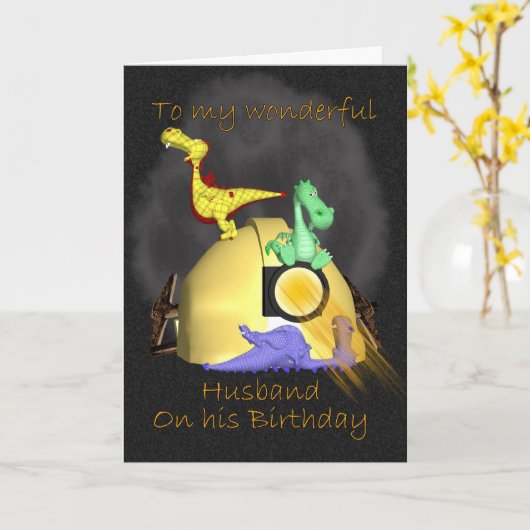 夫の誕生日カード – Coal Miner Dragons カード (黄色い花)