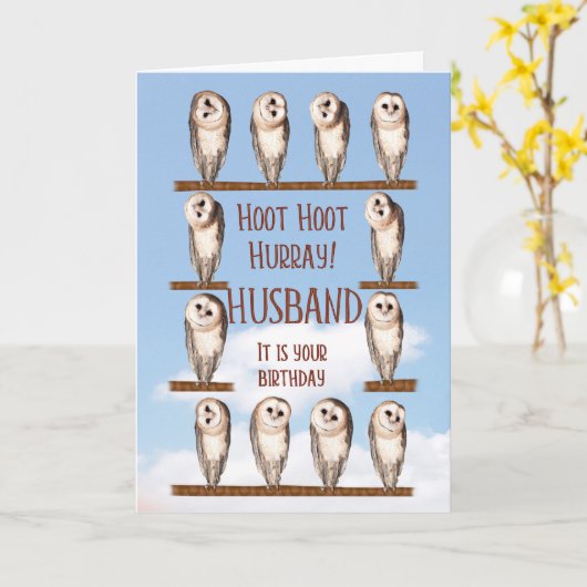 夫の誕生日、奇妙なフクロウ カード (黄色い花)