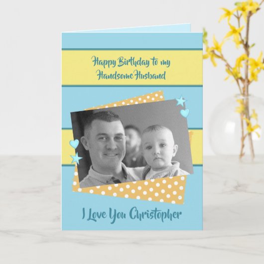 夫の青と黄色の誕生日の写真の挨拶 カード (黄色い花)