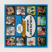 夫の12枚フォトコラージュ漫画風デザイン ブルー ジグソーパズル (横)