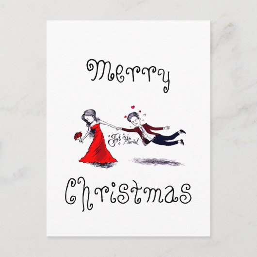 夫を引っ張おもしろいる結婚女性 シーズンポストカード (正面)