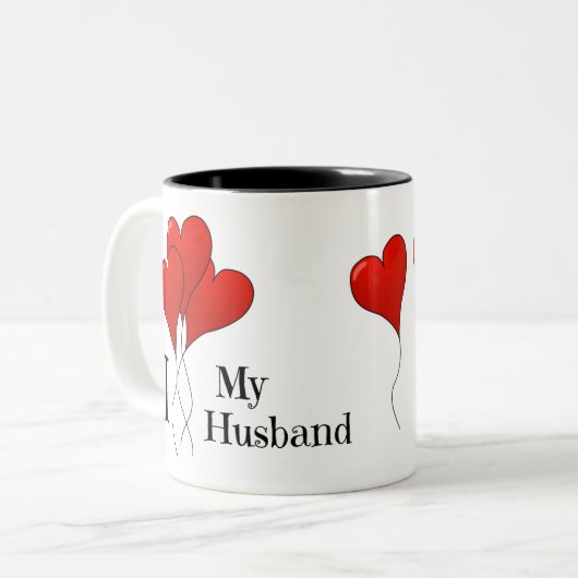 夫を愛する赤いハート風船の三色 ツートーンマグカップ (正面左)