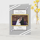 夫グレーの結婚記念写真あいさつ カード (黄色い花)