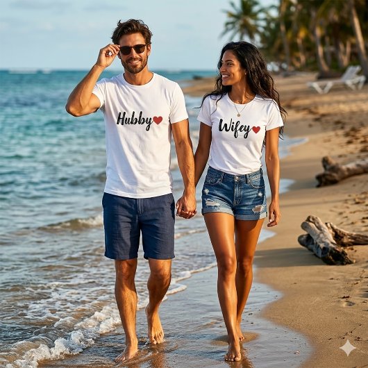 夫モダン ブラック スクリプト レディース 赤ハート T シャツ