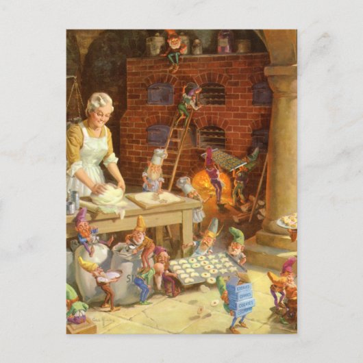 夫人クロースおよび小妖精や小人はクリスマスのクッキーを焼きます シーズンポストカード (正面)