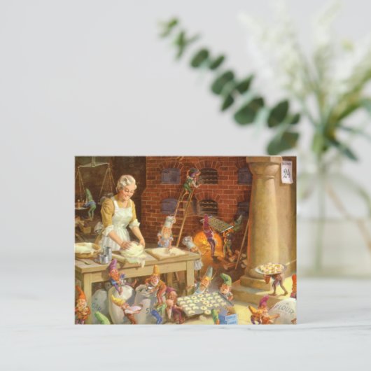 夫人クロースおよび小妖精や小人はクリスマスのクッキーを焼きます シーズンポストカード (スタンド正面)