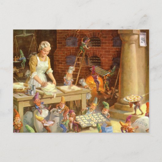 夫人クロースおよび小妖精や小人はクリスマスのクッキーを焼きます シーズンポストカード (正面)