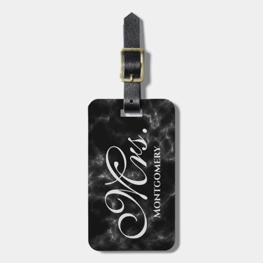 夫人Black Marble Script Monogrammedのの名前 ラゲッジタグ (正面縦)