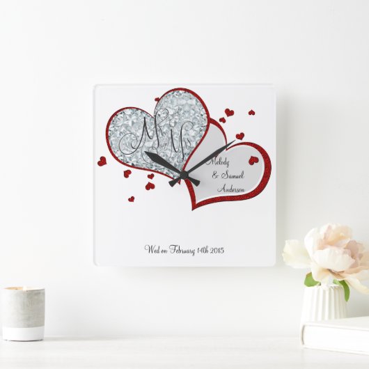 夫妻 | RubyおよびDiamondハート スクエア壁時計 (ホーム)