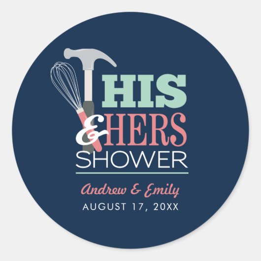 夫婦のためのハンマーと泡立て器の便利なカップルシャワーステッカー ラウンドシール (正面)