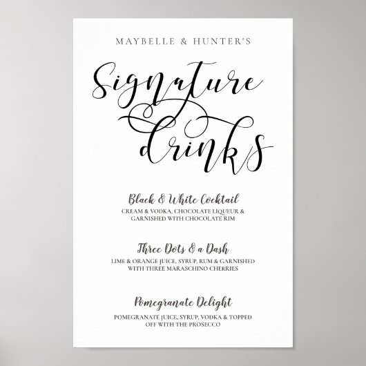 夫婦のシグネチャードリンク 現代的なブラックカリグラフィー ポスター (正面)