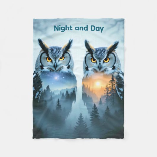 夫婦のフクロウの夜と昼のブランケット フリースブランケット (正面)