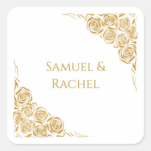 夫婦名手描き金のバラ結婚 スクエアシール (正面)