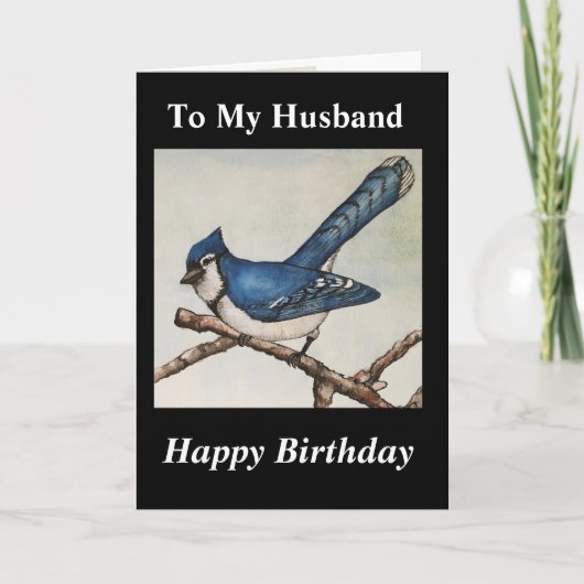 夫誕生日ハンサムブルージェイウォーターカラー カード (正面)