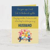 夫1周年記念ブルー金ゴールドかわいい鳥 カード (正面)