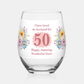 夫50周年記念の花ピンク ステムなしワイングラス (正面)