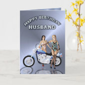 夫、女の子とバイクの誕生日 カード (黄色い花)