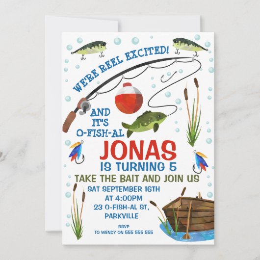 失われた魚釣りまたは魚釣りをテーマにした誕生日招待状 招待状 (正面)