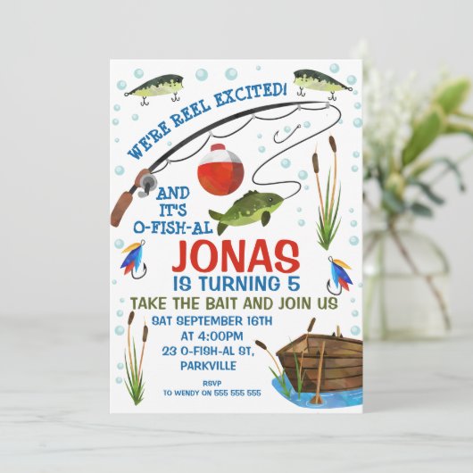 失われた魚釣りまたは魚釣りをテーマにした誕生日招待状 招待状 (スタンド正面)