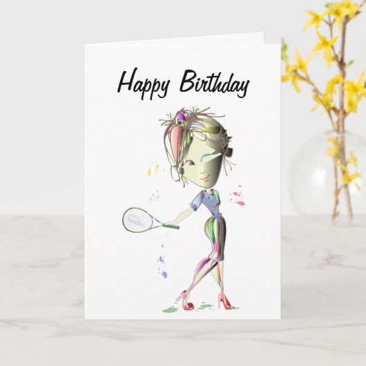 失敗適合の女の子はテニスの誕生日の挨拶状を遊びます カード (黄色い花)