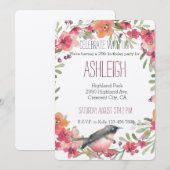 夾竹桃と鳥 水彩フラワー誕生日 招待状 (正面/裏面)