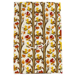 奇妙なアヒルと紅葉パターンデザイン ミディアムペーパーバッグ