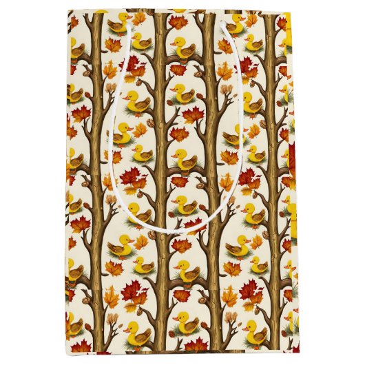 奇妙なアヒルと紅葉パターンデザイン ミディアムペーパーバッグ (正面)