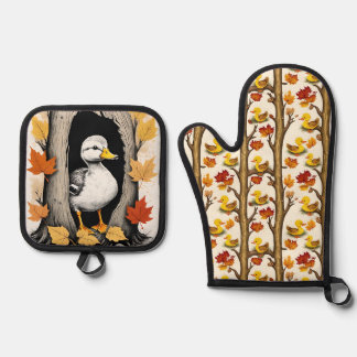 奇妙なアヒルと紅葉パターンデザイン 鍋つかみ&鍋敷きセット