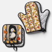 奇妙なアヒルと紅葉パターンデザイン 鍋つかみ&鍋敷きセット (正面/裏面)