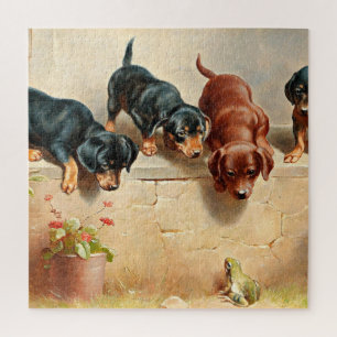 奇妙なダクシュントの子犬とカエル絵画の ジグソーパズル