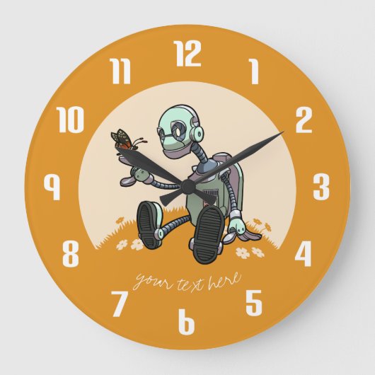 奇妙なロボットが彼の最初の蝶の漫画を見る ラージ壁時計 (正面)