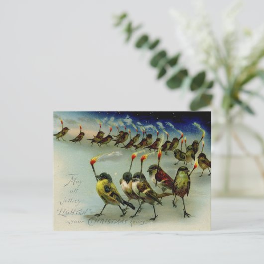 奇妙なヴィンテージのマッチをした鳥の群れ ポストカード (スタンド正面)