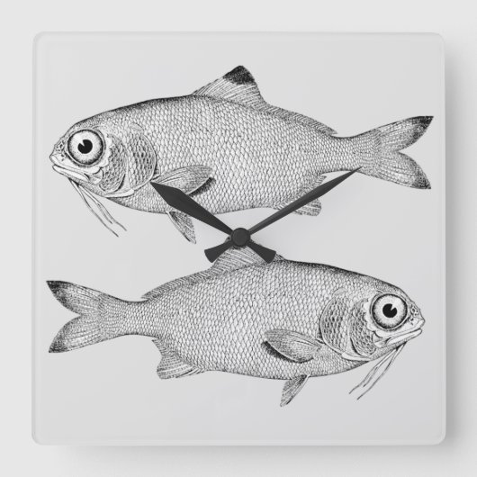 奇妙なヴィンテージ魚のスケッチ スクエア壁時計 (正面)
