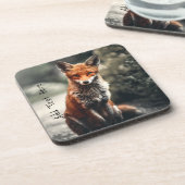 奇妙な大きな赤と白キツネが自然に座って コースター (左側)