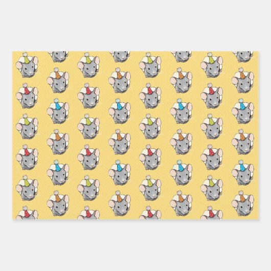 奇妙な小さなネズミの誕生日帽子パターン ラッピングペーパーシート (正面)