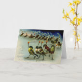 奇妙な鳥の群れとマッチのヴィンテージ年賀状 カード (黄色い花)