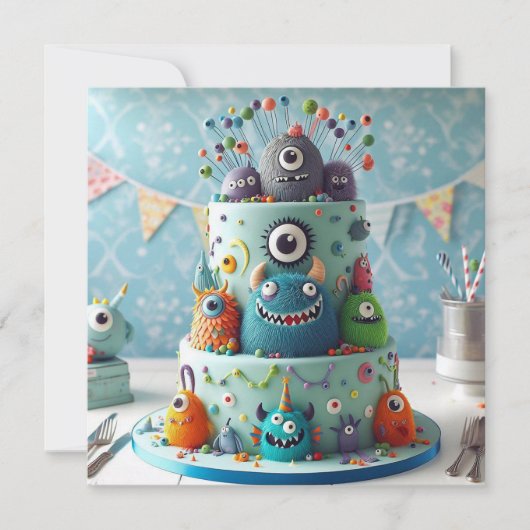 奇怪なモンスターズ飾子供の誕生日ケーキ カード (正面)