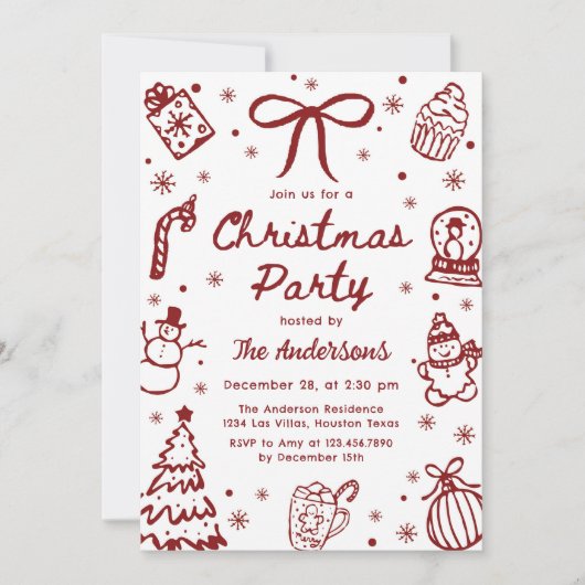 奇想天外な赤い手描きのクリスマス パーティー 招待状 (正面)