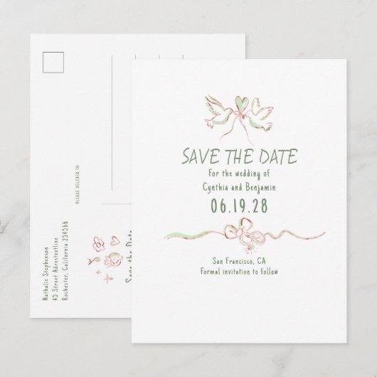 奇抜で可愛い手描きの結婚式Save The Date 案内ポストカード (正面/裏面)