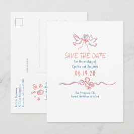 奇抜で可愛い手描きのSave The Date 案内ポストカード