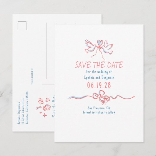 奇抜で可愛い手描きのSave The Date 案内ポストカード (正面/裏面)